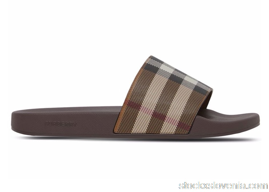 Outlet Burberry Check Print Slides Dark Birch Brown 8048195